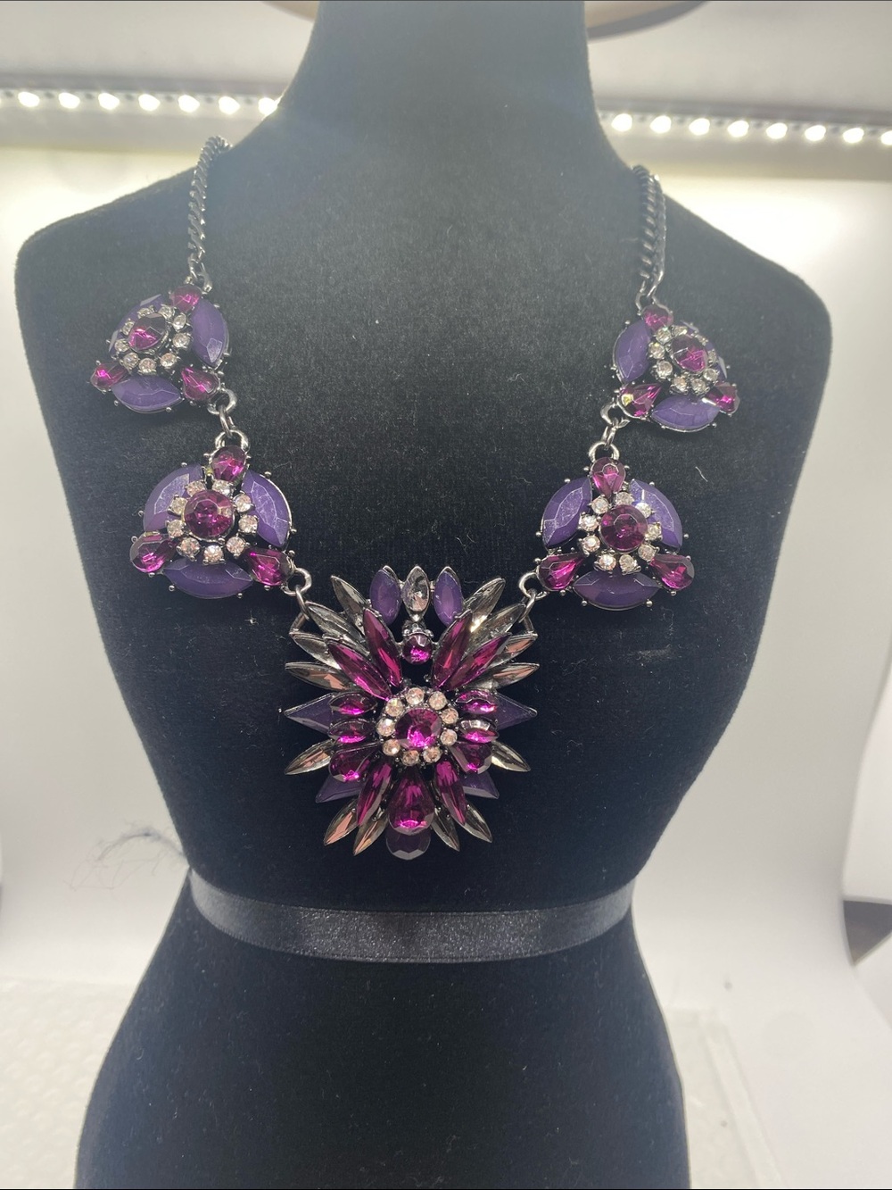 MIXIT Purple Crystal Statement Necklace | Rhinestone Floral Bib Necklace